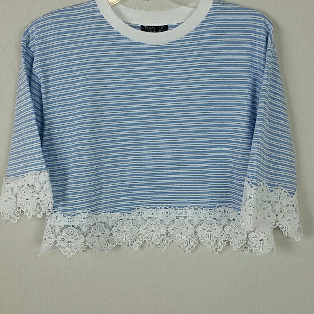 TOPSHOP lace trim  blue white stripe crop top size 4  NWT - Picture 4 of 8